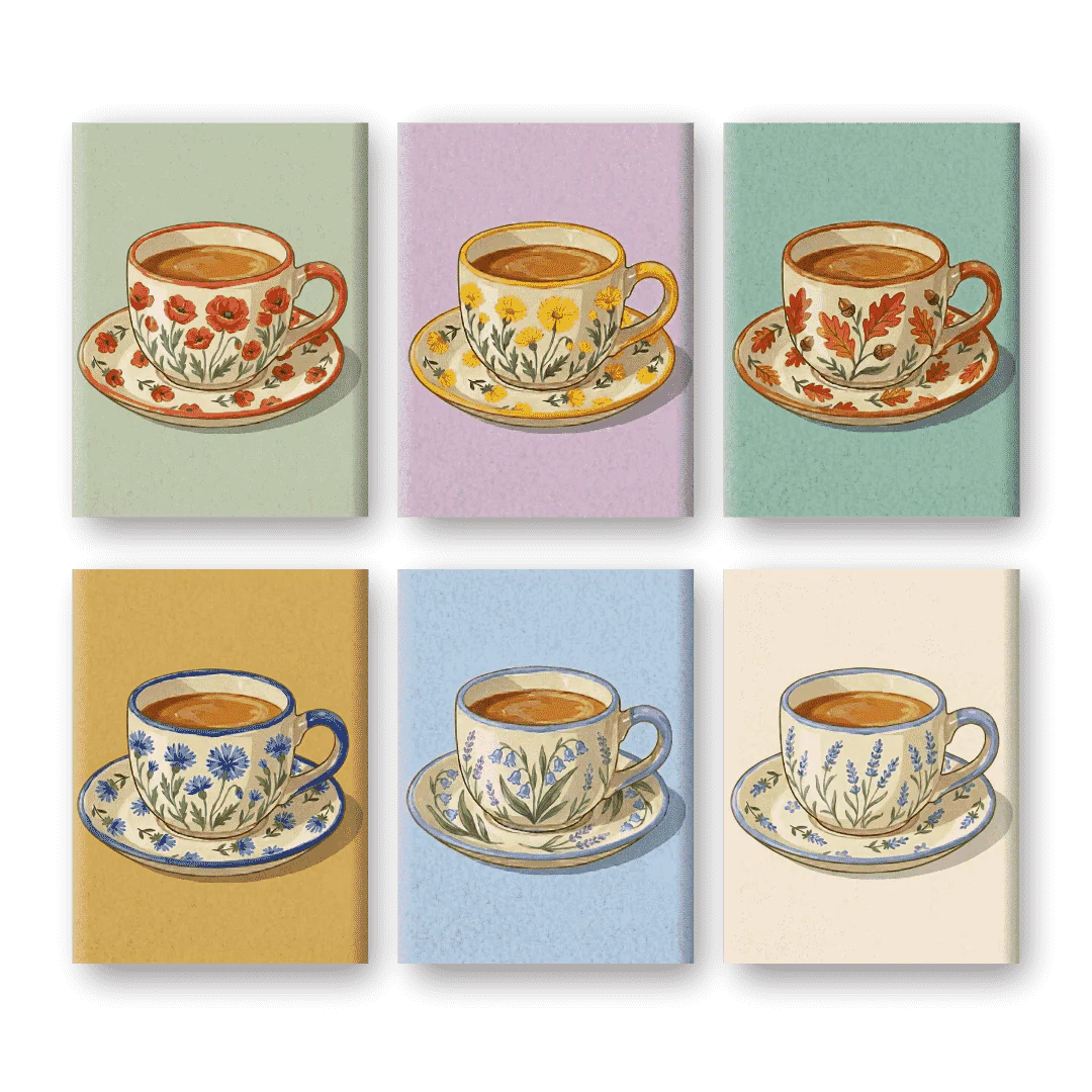 6 Mini Paintings - Blooming Teacups Set
