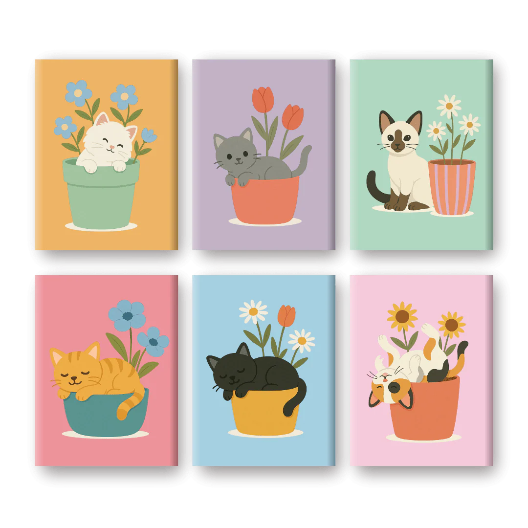 6 Mini Paintings - Cats & Flowers Set