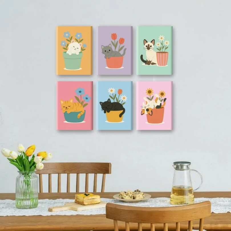 6 Mini Paintings - Cats & Flowers Set - Image 2