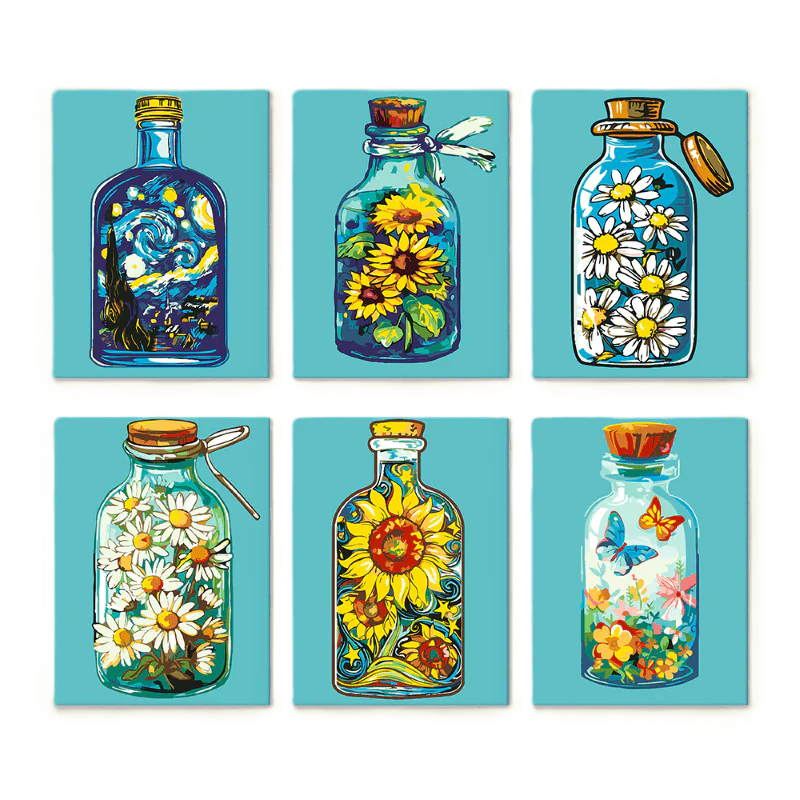 6 Mini Paintings - Colorful Bottles Set
